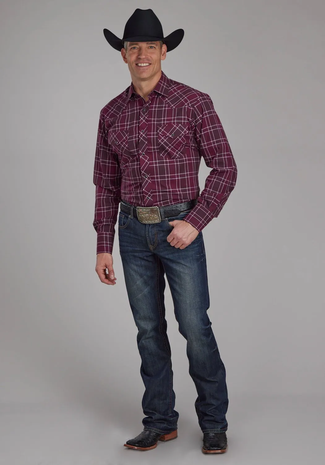 Textured Finish Light Option Roper Mens 2104 Plaid Wine/White Cotton Blend L/S Shirt