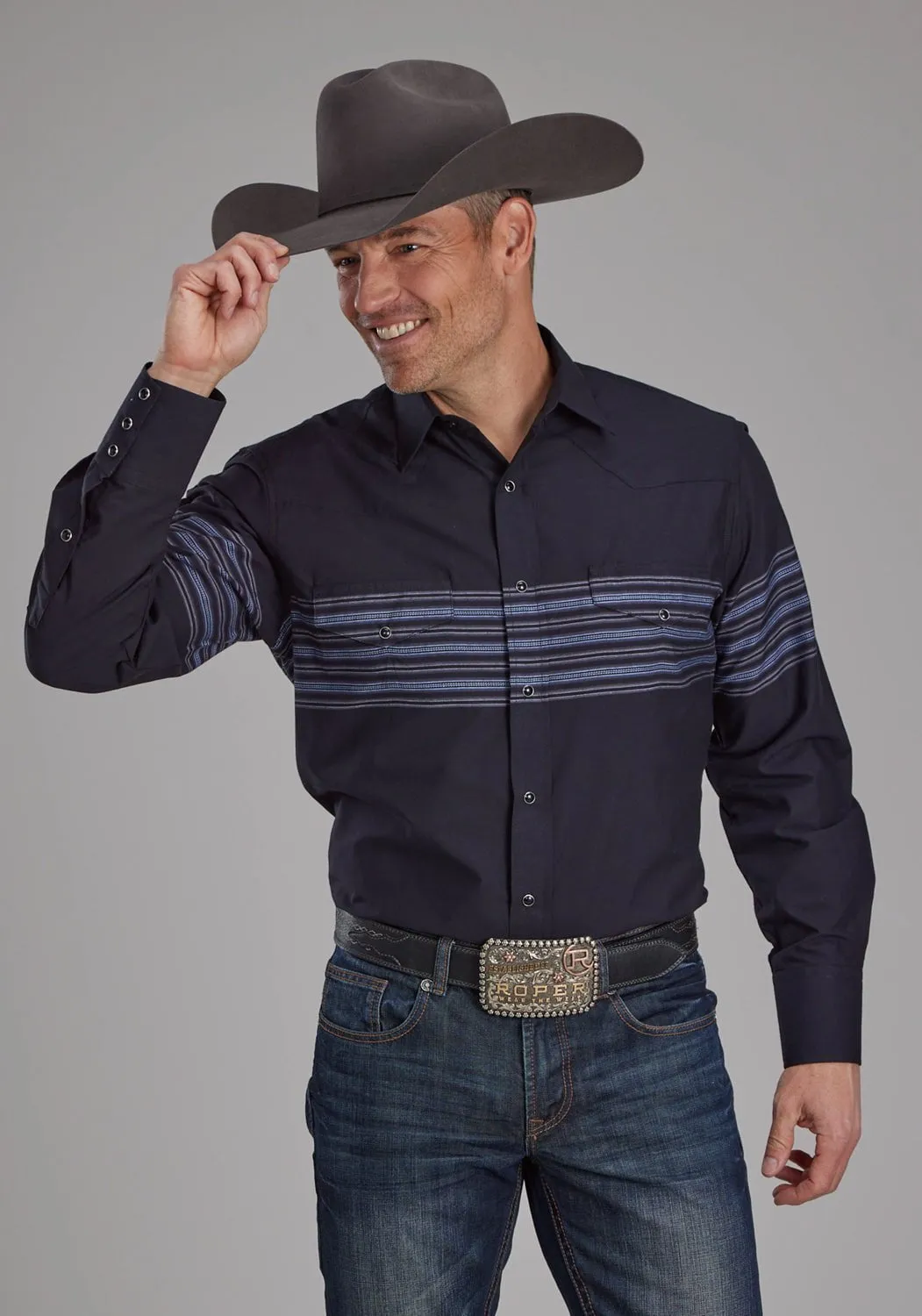 Relaxed Vibe Roper Mens 2115 Border Stripe Black/Blue Cotton Blend L/S Shirt