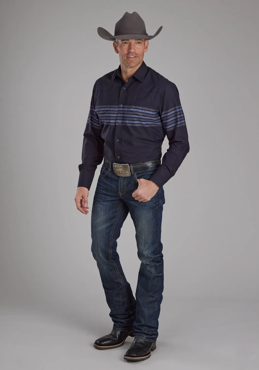 Statement Maker Smart Casual Roper Mens 2115 Border Stripe Black/Blue Cotton Blend L/S Shirt