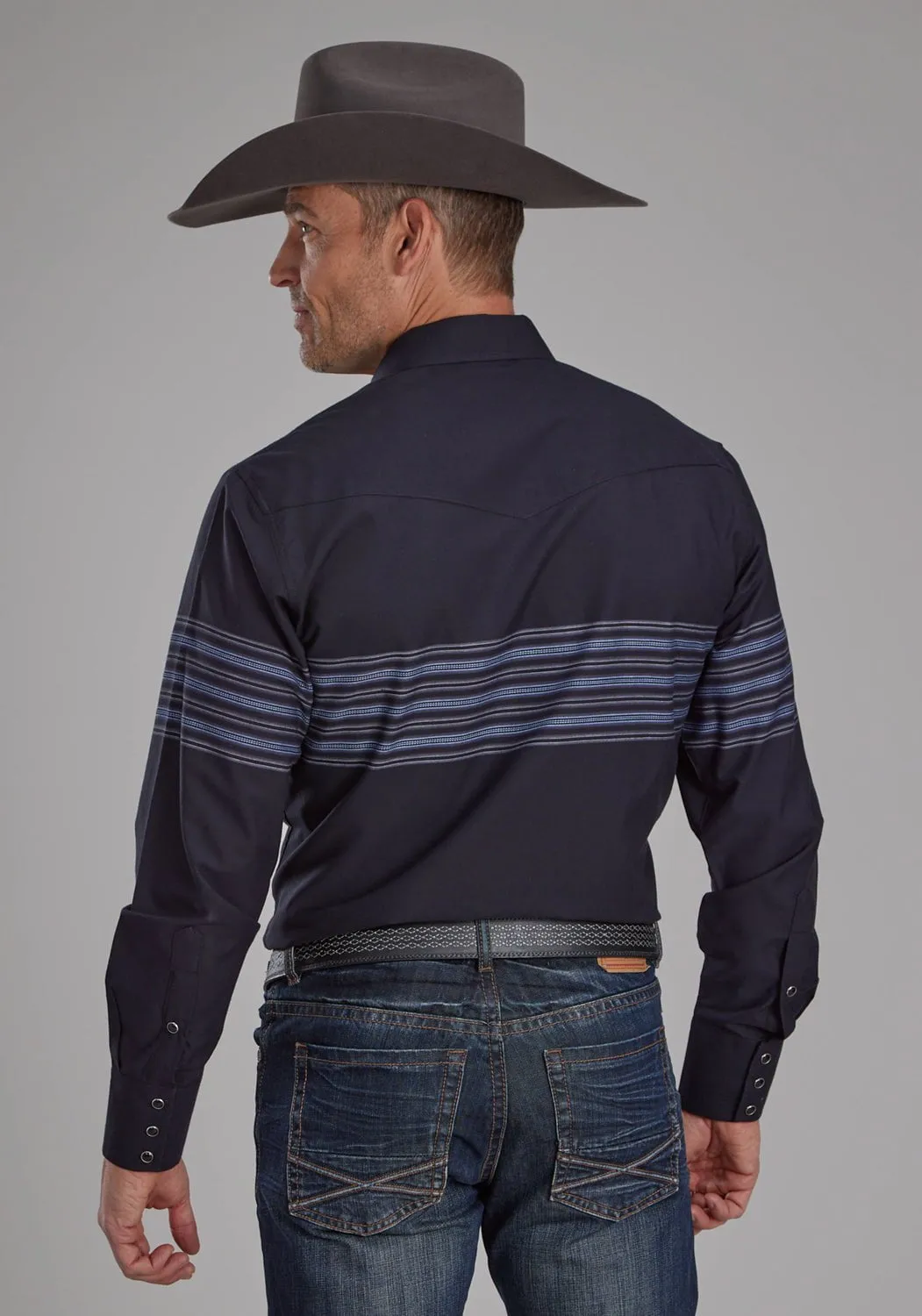 Wardrobe Staple Roper Mens 2115 Border Stripe Black/Blue Cotton Blend L/S Shirt