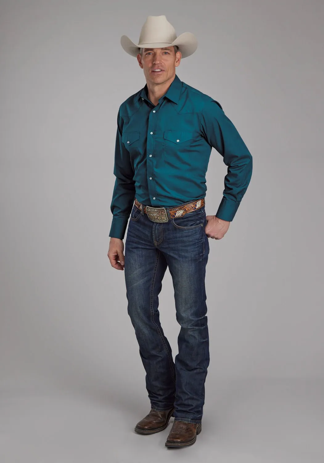 Flexible Material Sheer Panel Roper Mens 2124 Broadcloth Blue Steel Cotton Blend L/S Shirt