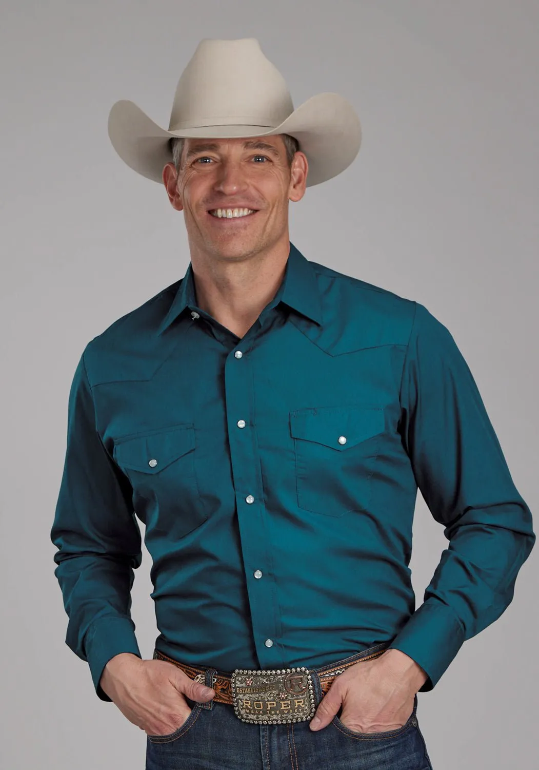 Roper Mens 2124 Broadcloth Blue Steel Cotton Blend L/S Shirt Sporty Comfort Essential Layer
