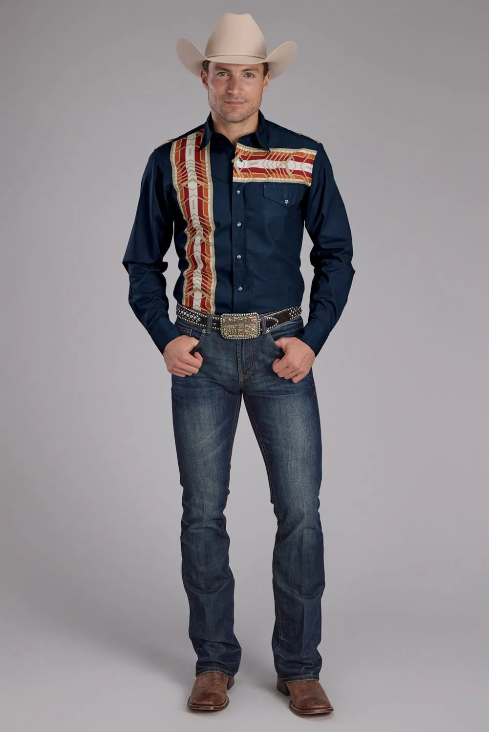 Roper Mens 2136 Aztec Border Blue 100% Cotton L/S Shirt Chambray Fabric Sustainable Dye Process