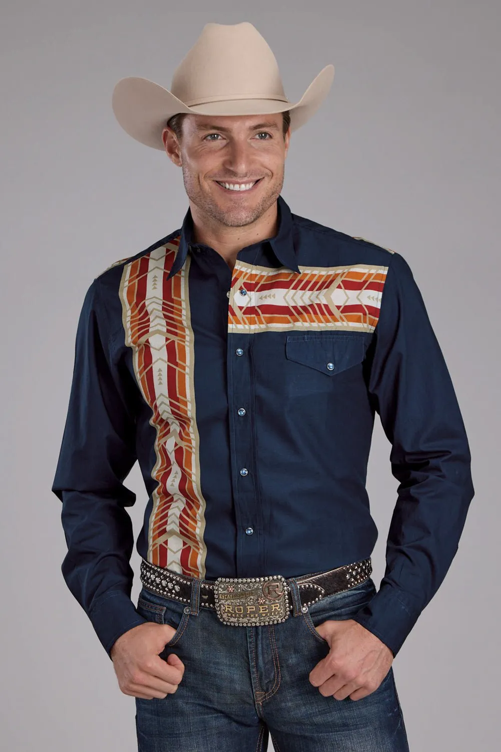 Conference Appropriate Roper Mens 2136 Aztec Border Blue 100% Cotton L/S Shirt