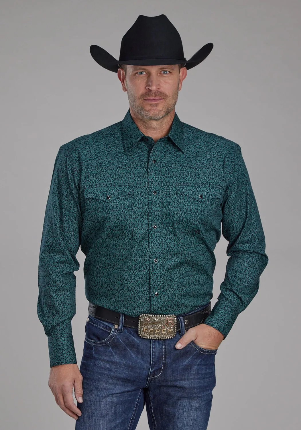 Durable Thread Construction Eco-Friendly Fabric Roper Mens 2152 Vintage Paisley Green 100% Cotton L/S Shirt