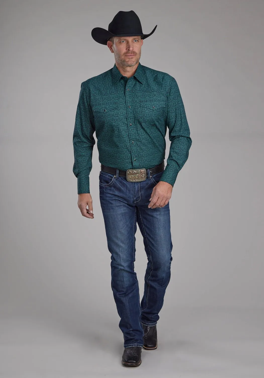 Roper Mens 2152 Vintage Paisley Green 100% Cotton L/S Shirt crew neck Casual Sophistication