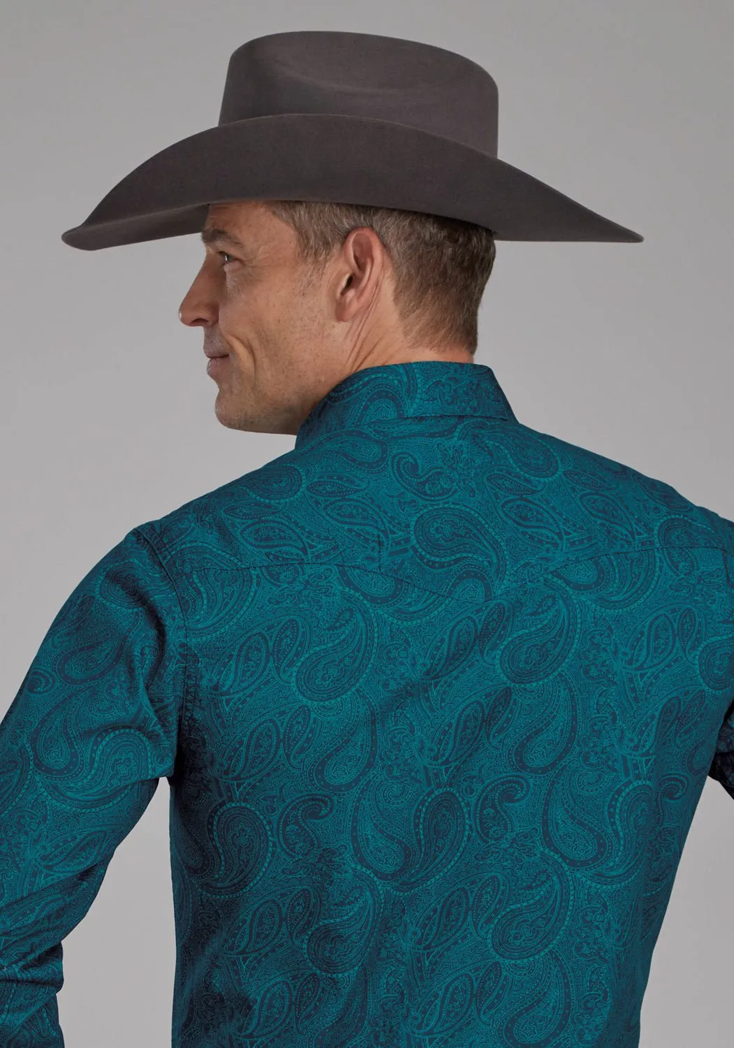 Double Stitched Hems Holiday Special Roper Mens 2167 Tonal Paisley Green 100% Cotton L/S Shirt