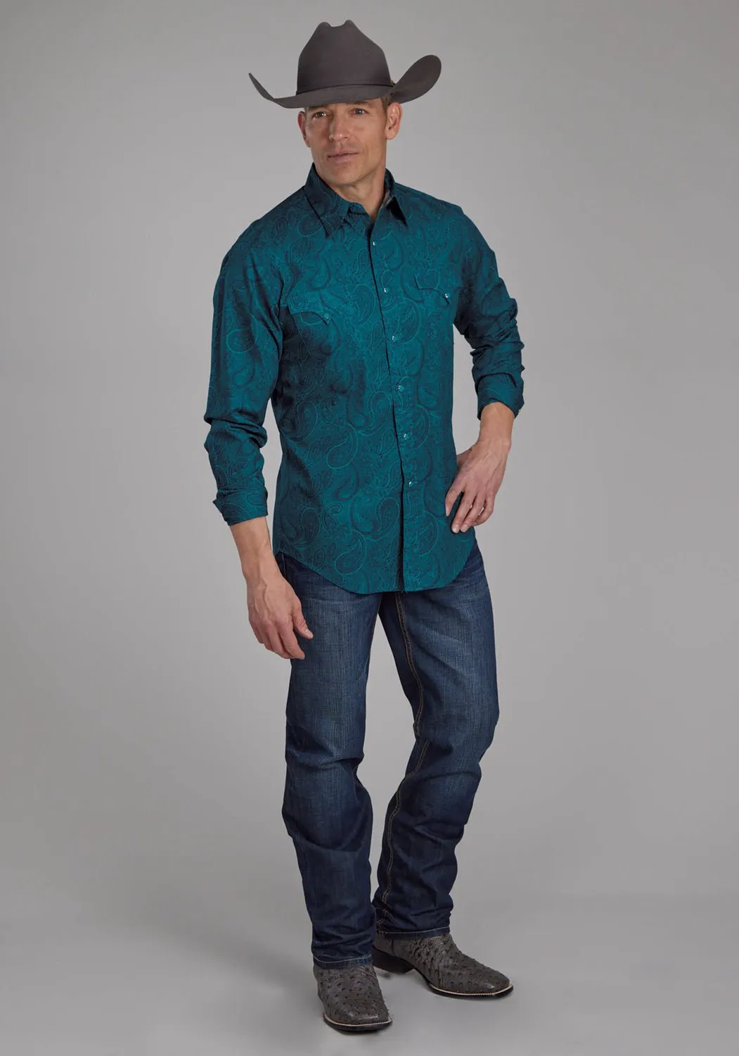 Tagless Labeling Unisex Design Roper Mens 2167 Tonal Paisley Green 100% Cotton L/S Shirt