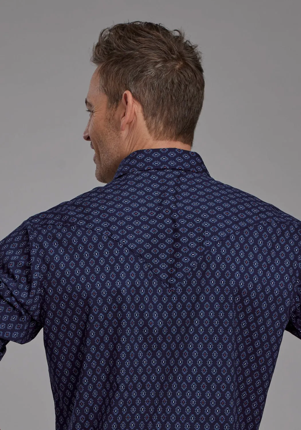 No Chafe Edging Roper Mens 2177 Aztecs Blue 100% Cotton L/S Shirt