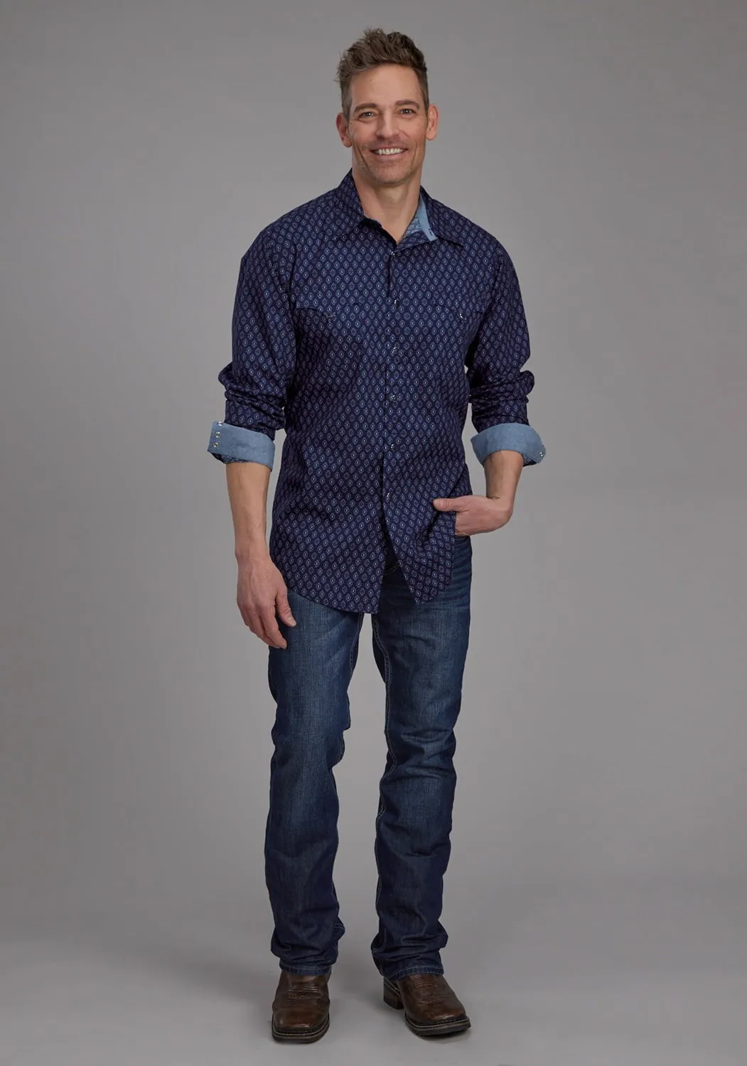 Stretch Fit Technology Anti Static Finish Roper Mens 2177 Aztecs Blue 100% Cotton L/S Shirt