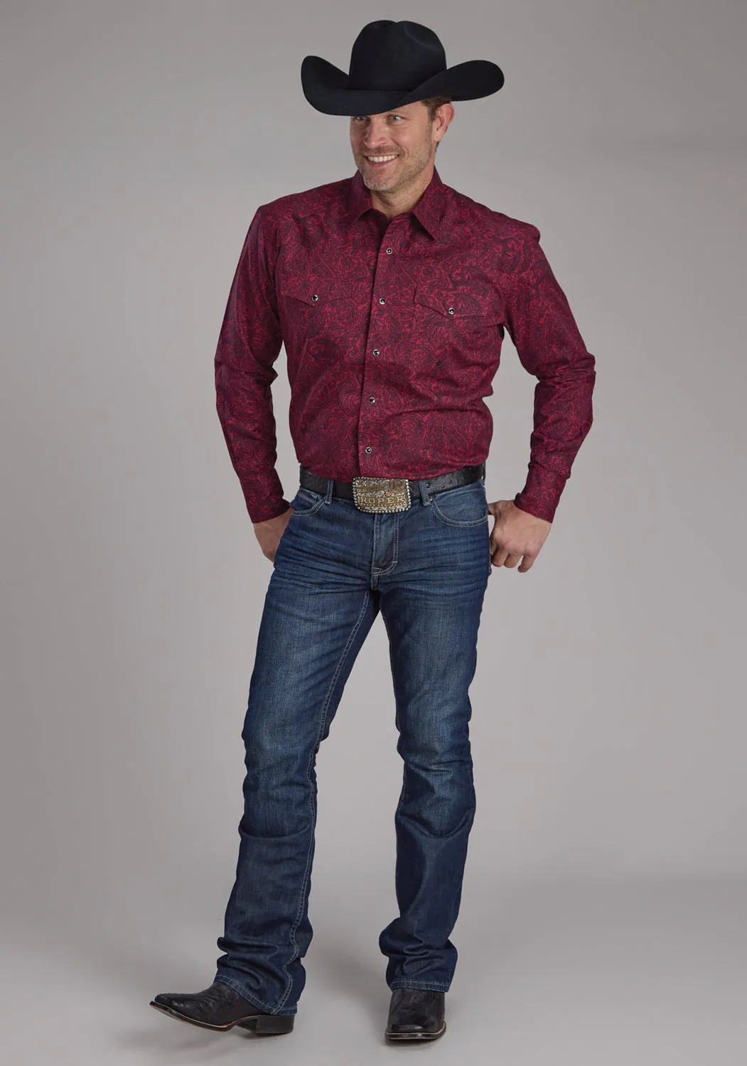 Roper Mens 2241 Paisley Burgundy 100% Cotton L/S Shirt Winter Collection Unisex Choice
