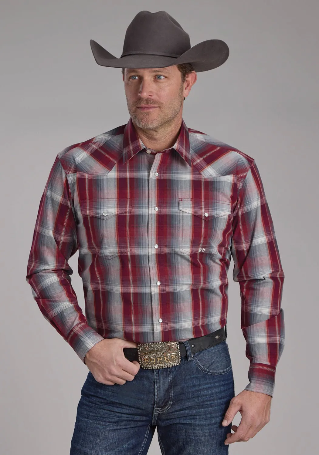 Roper Mens 2248 Plaid Wine/Smoke 100% Cotton Tall L/S Shirt Matte Finish