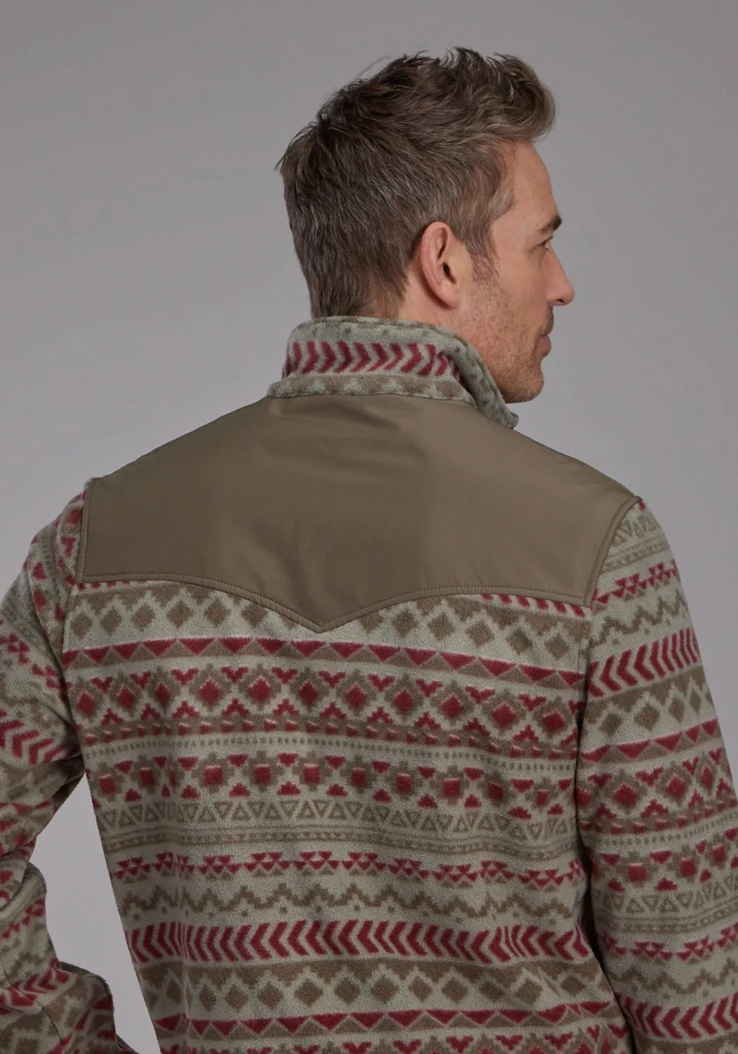 Roper Mens 2321 Aztec Print Red/Olive Fleece Pullover Sweater Cocktail Event