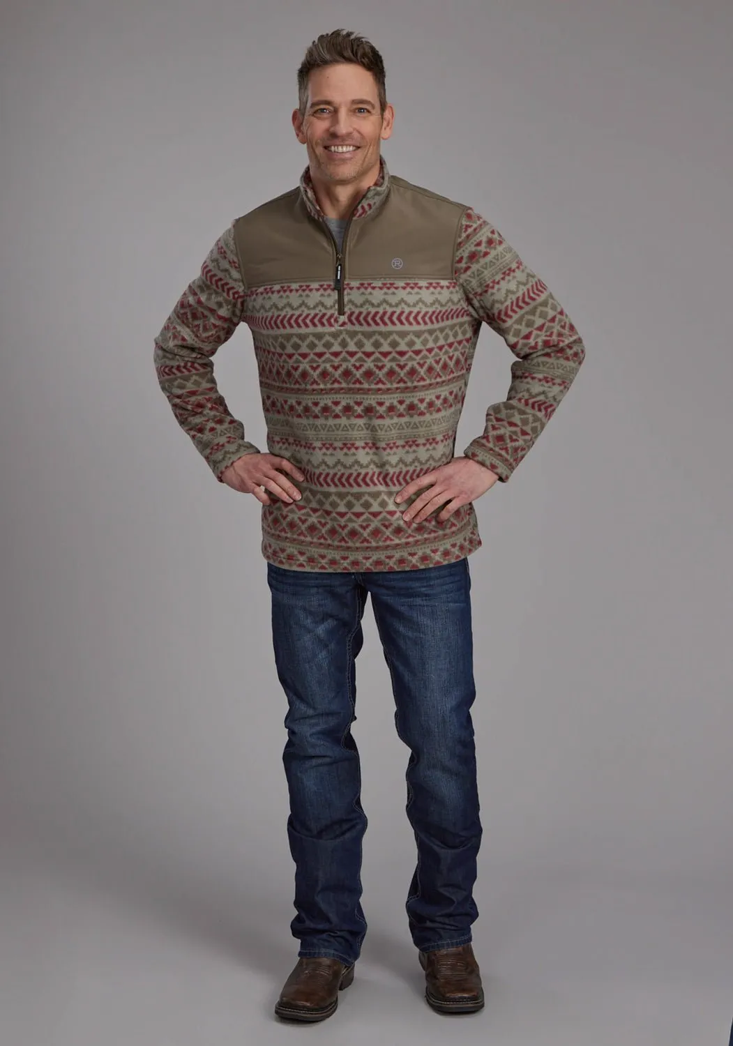 Chic Ensemble Roper Mens 2321 Aztec Print Red/Olive Fleece Pullover Sweater