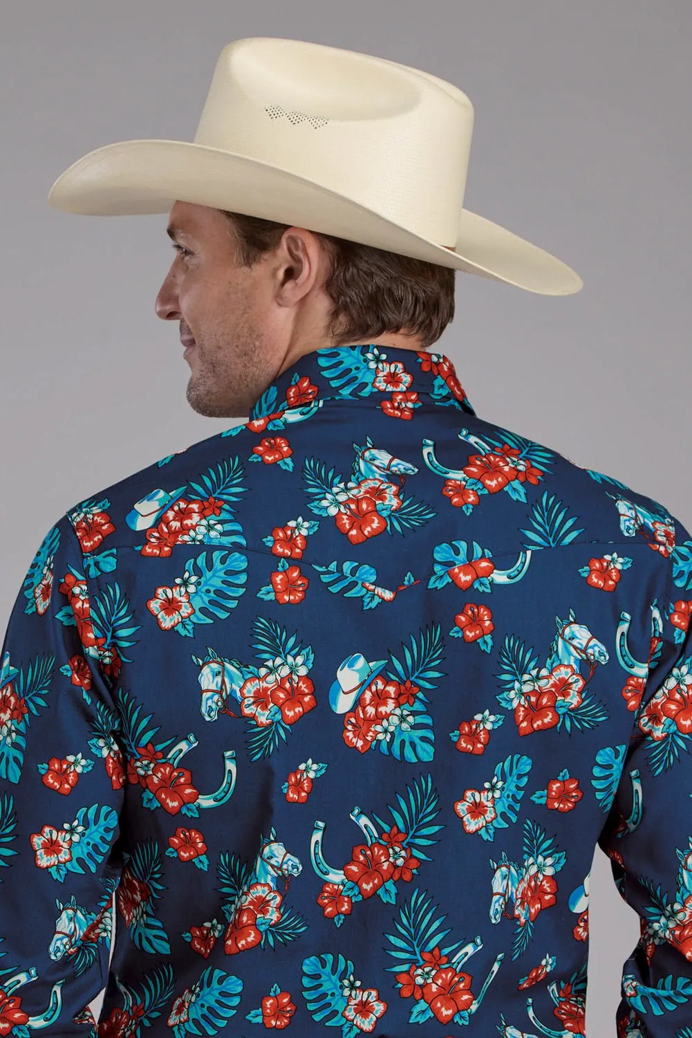 Spring Trend Roper Mens 2354 Hawaiian Print Blue 100% Cotton L/S Shirt