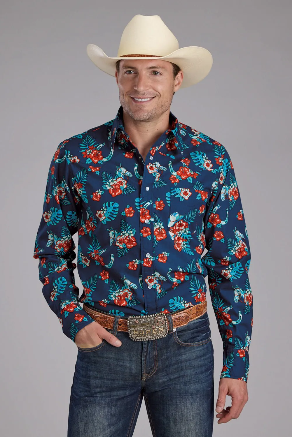 Roper Mens 2354 Hawaiian Print Blue 100% Cotton L/S Shirt Multi Pocket Utility Perfect Look