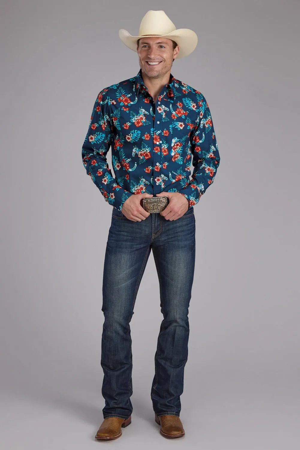 Fitted Silhouette City Exploration Roper Mens 2354 Hawaiian Print Blue 100% Cotton L/S Shirt