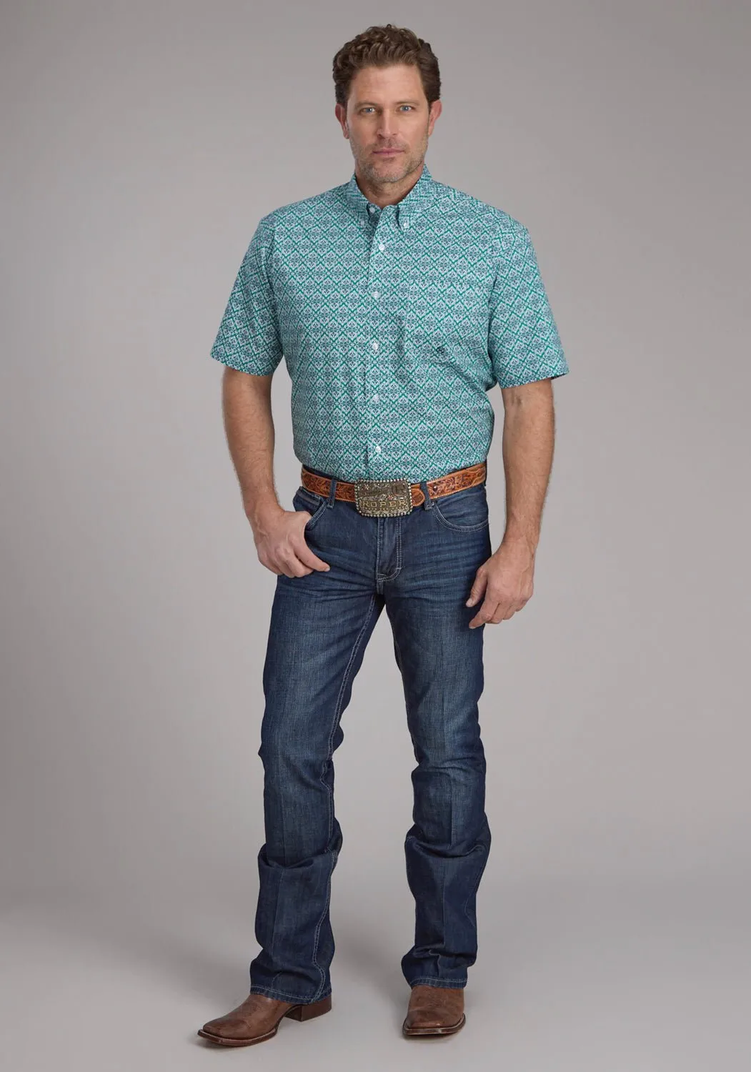 Roper Mens 2380 Jade Medallion Green 100% Cotton 1 Pkt S/S Shirt Hidden Button Placket