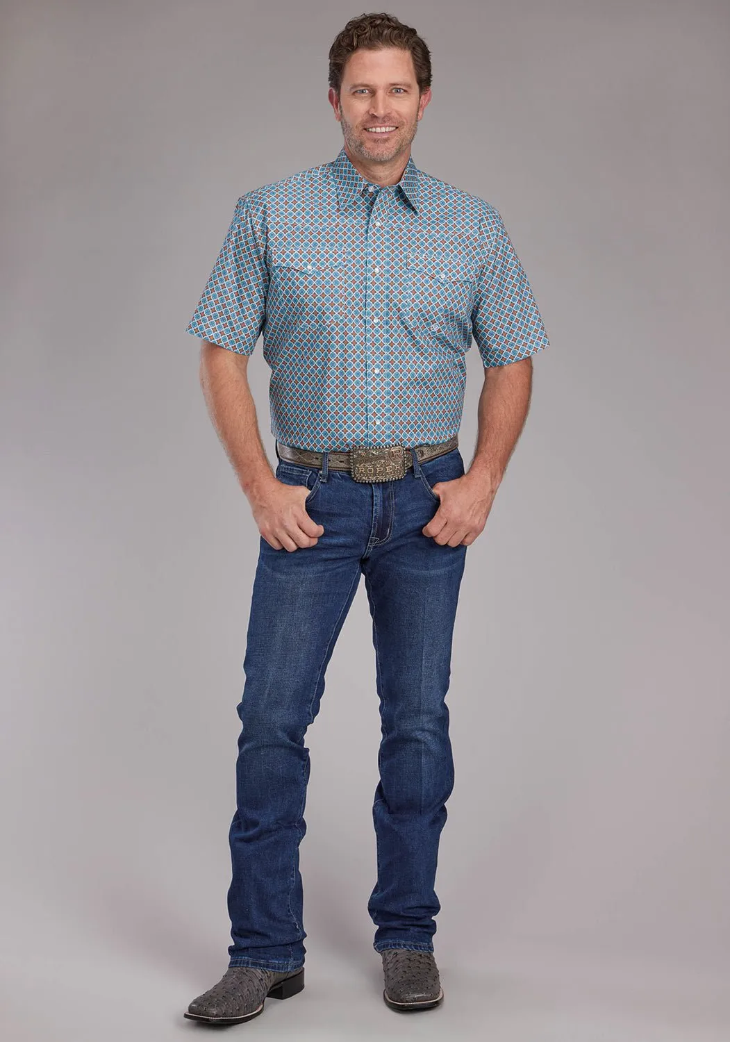 Fashion staples Roper Mens 2381 Tile Foulard Turquoise 100% Cotton S/S Shirt
