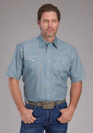 Roper Mens 2381 Tile Foulard Turquoise 100% Cotton S/S Shirt Flexible Shoulder Seams Striped style Fashion-Forward Roper Mens 2381 Tile Foulard Turquoise 100% Cotton S/S Shirt