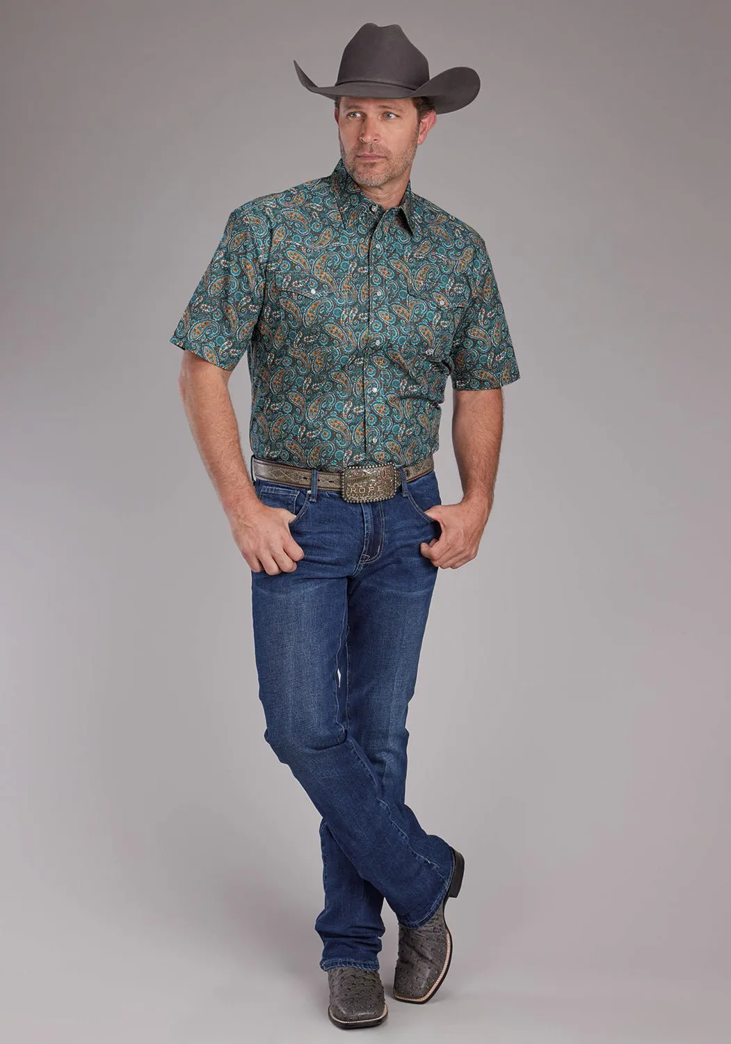 Roper Mens 2382 Dusk Paisley Blue 100% Cotton S/S Shirt Cultural Inspired Perfect Fit