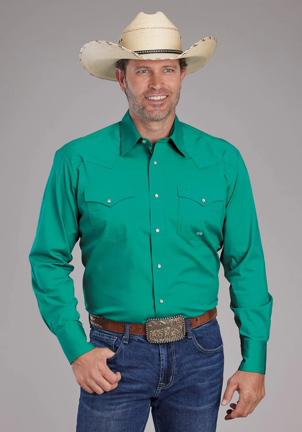 Classic Comfort Roper Mens 2388 Poplin Stretch Jade Green Cotton Blend L/S Shirt