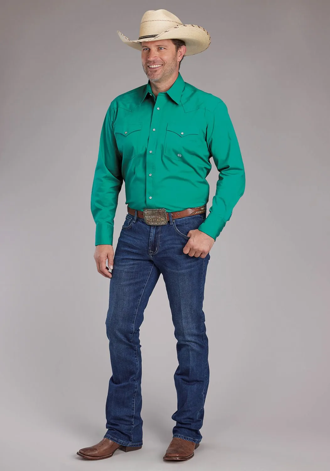 Classic Appeal Trend-Driven Roper Mens 2388 Poplin Stretch Jade Green Cotton Blend L/S Shirt