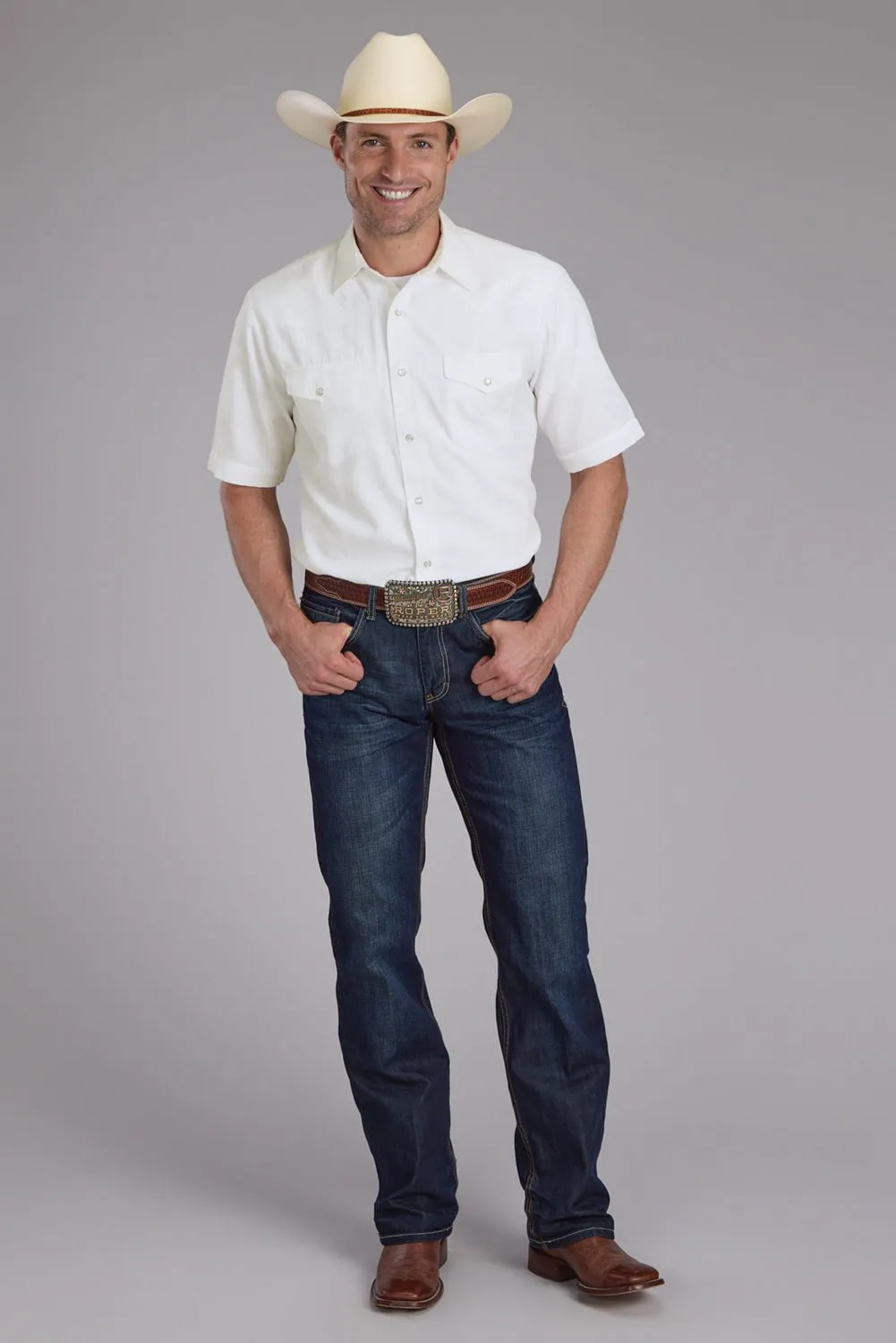 Soft Stretch Collar Roper Mens 2401A Tone on Tone White Poly/Cotton S/S Shirt