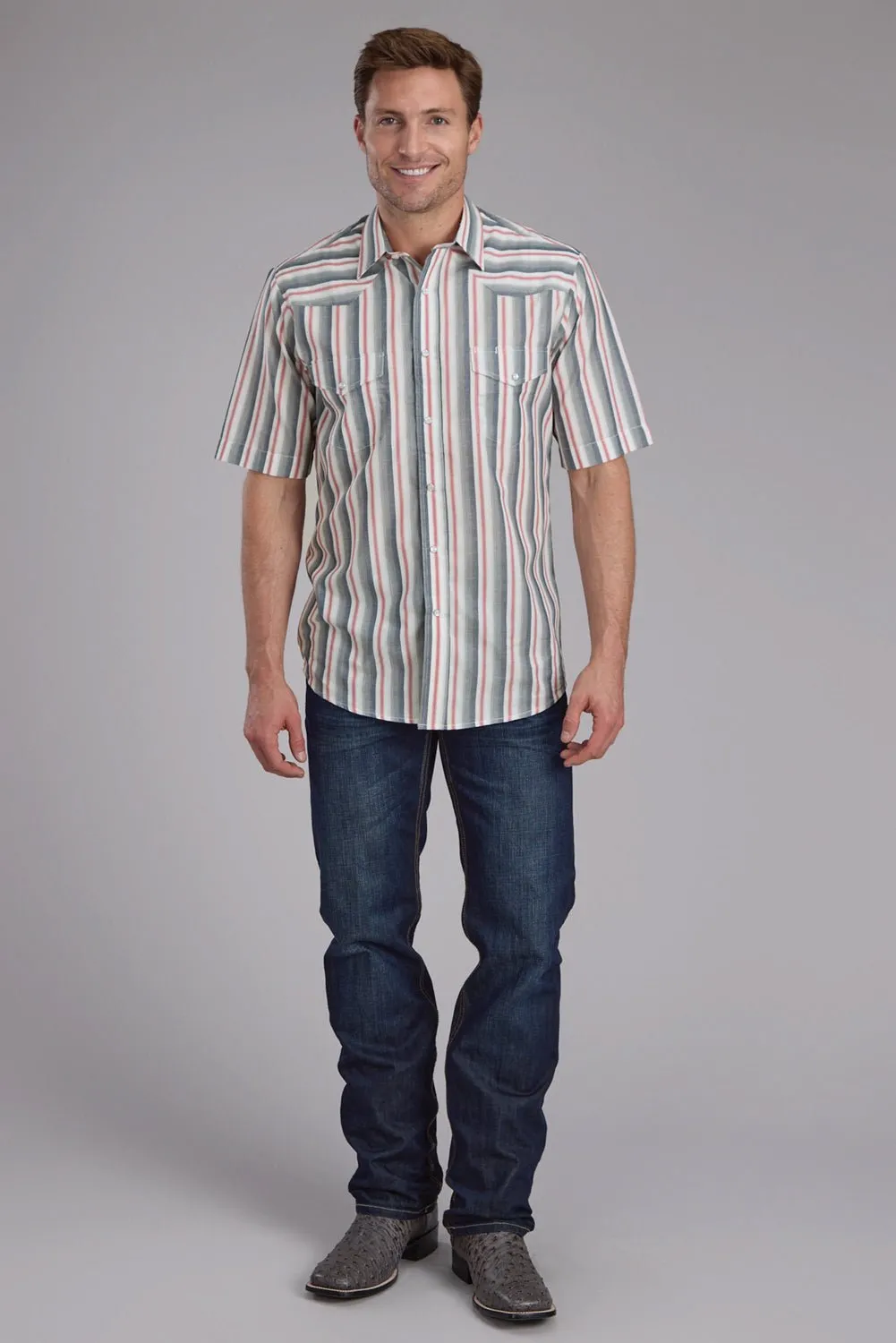 Perfect Wear Roper Mens 2403 Ombre Stripe Navy/White Cotton Blend S/S Shirt