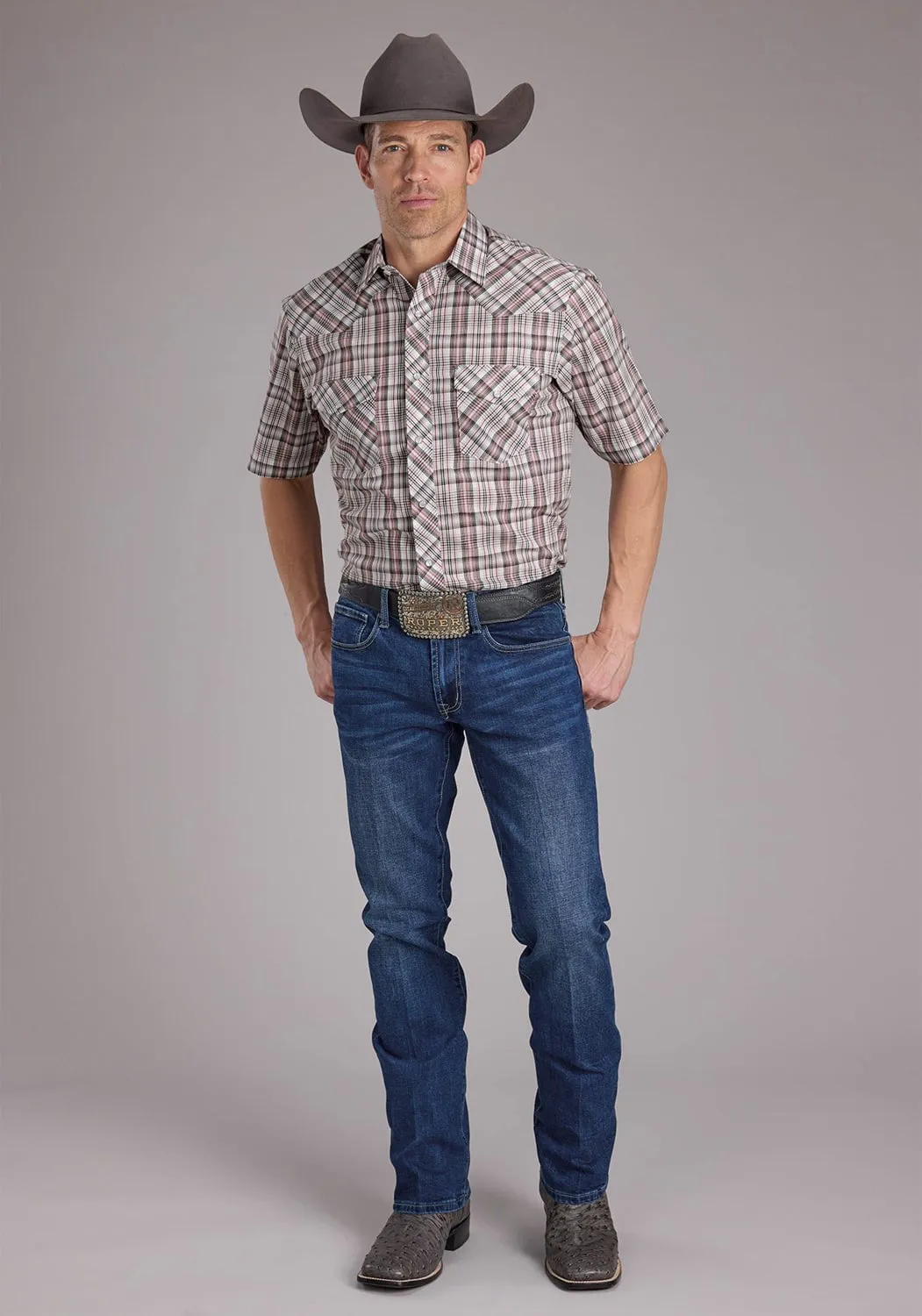 Roper Mens 2409 Plaid White/Grey Cotton Blend S/S Shirt Seasonal Comfort