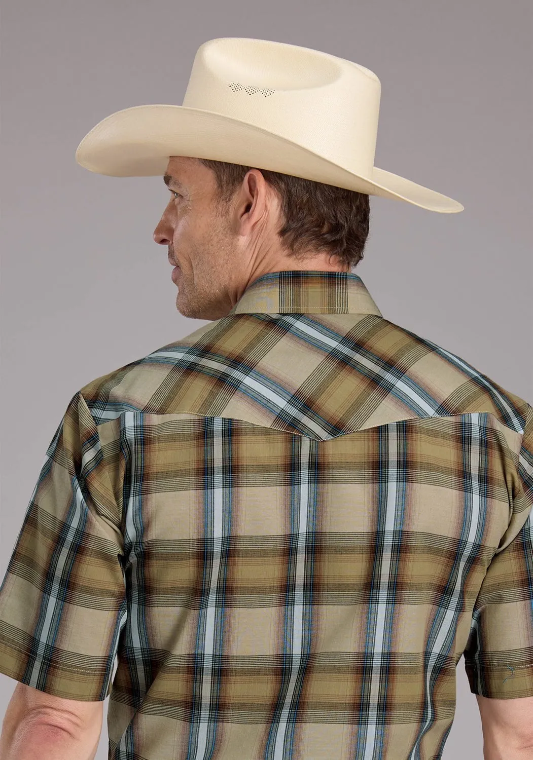 Roper Mens 2410 Plaid Tan Cotton Blend S/S Shirt Eco-Friendly Choice