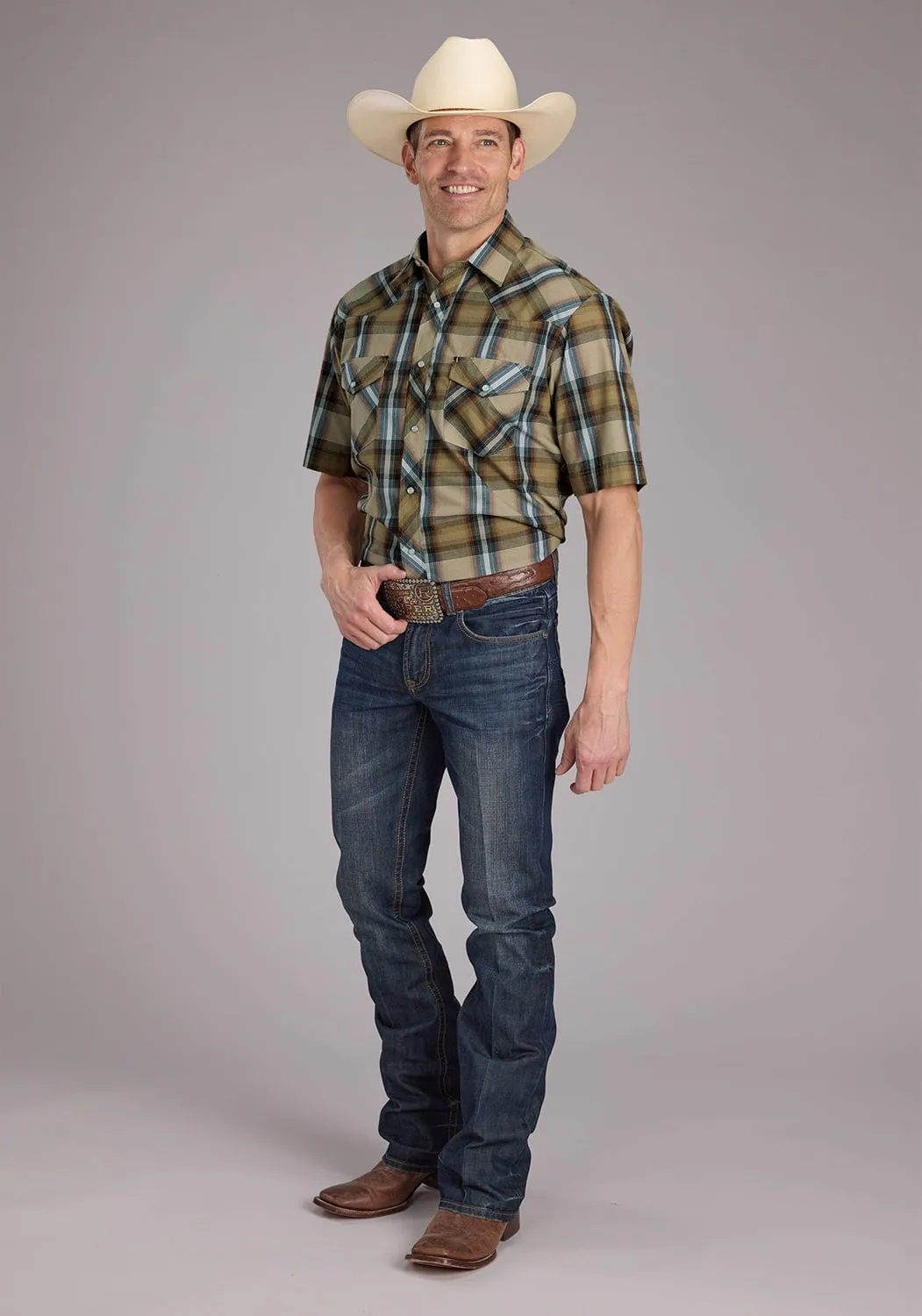 Flatlock stitching Weekend Wear Roper Mens 2410 Plaid Tan Cotton Blend S/S Shirt