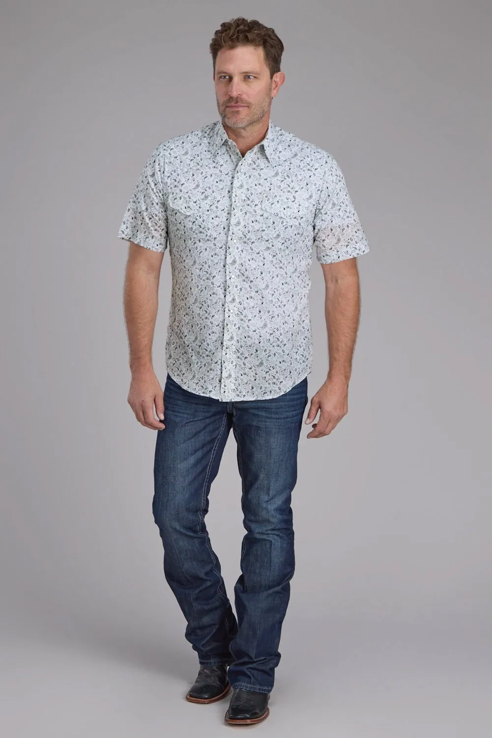 Roper Mens 2428 Paisley Black/White Cotton Blend S/S Shirt Stylish Appearance Youth fashion