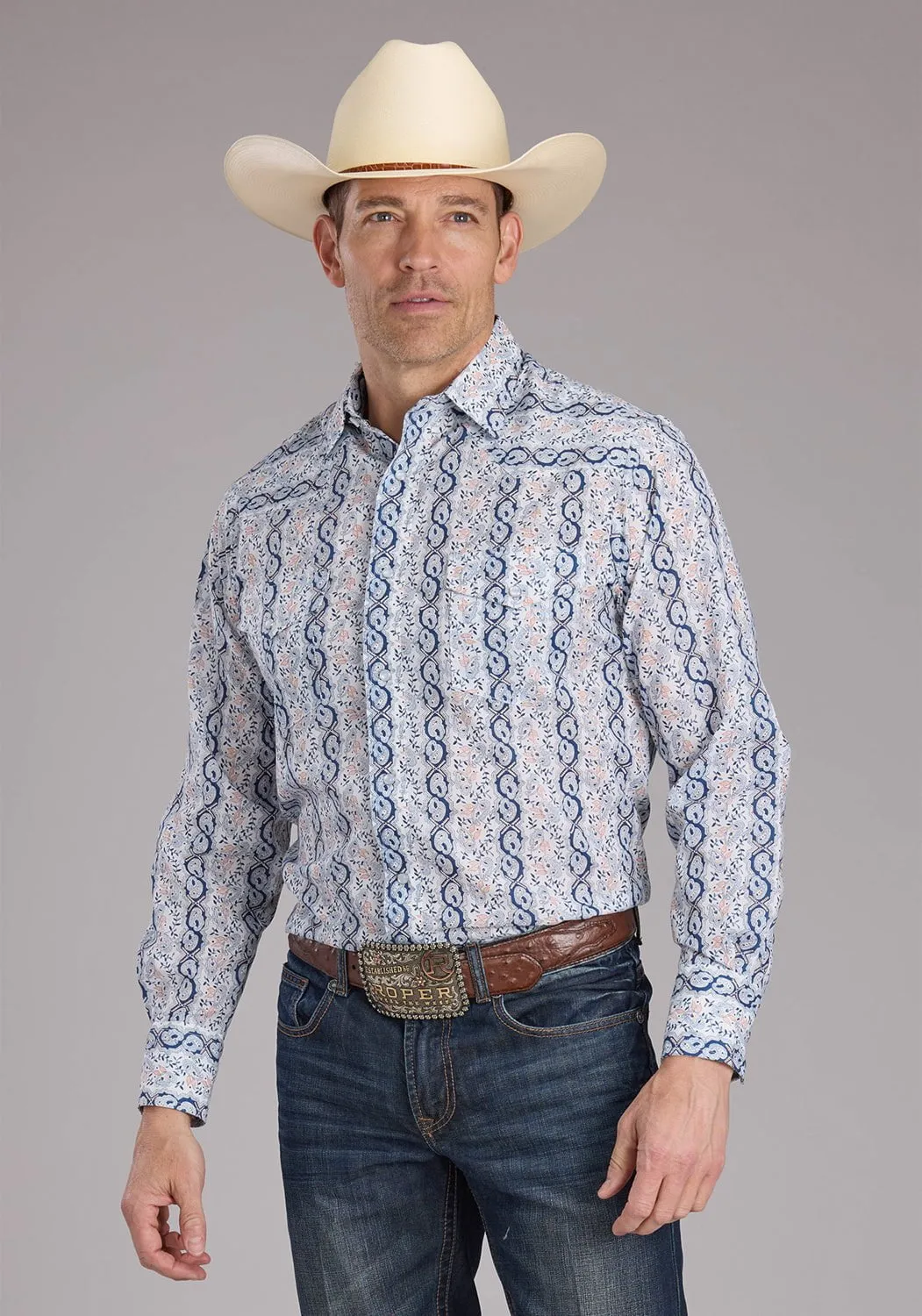 Roper Mens 2429 Paisley Trellis Blue Cotton Blend L/S Shirt Sporty Layer Relaxed Comfort