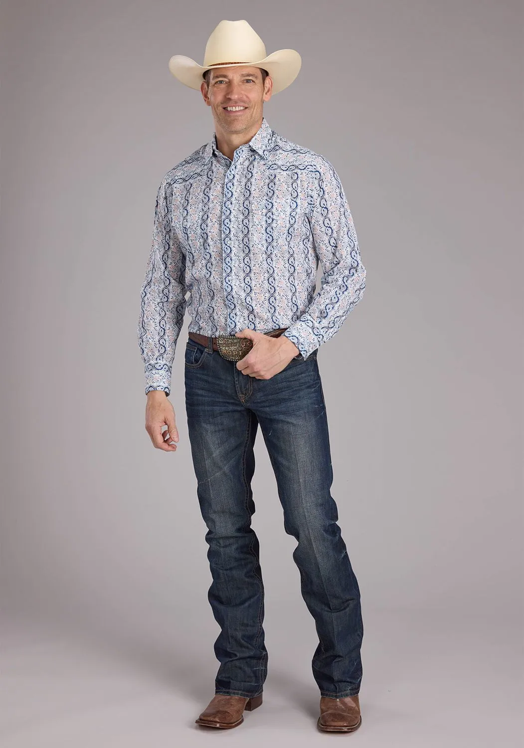 Quick Dry Technology Non Chafe Seams Roper Mens 2429 Paisley Trellis Blue Cotton Blend L/S Shirt