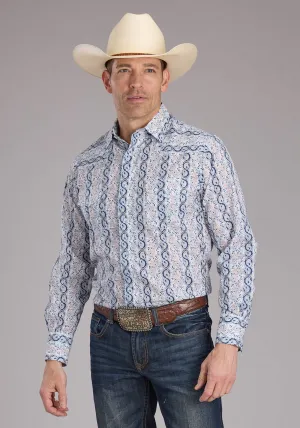 Roper Mens 2429 Paisley Trellis Blue Cotton Blend L/S Shirt snap closure Roper Mens 2429 Paisley Trellis Blue Cotton Blend L/S Shirt Sporty Layer Relaxed Comfort