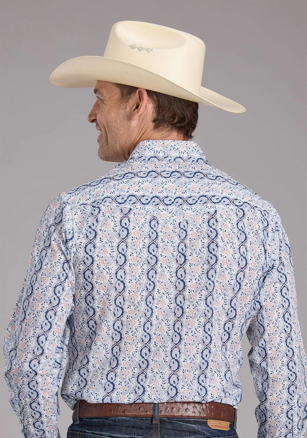 Anti Odor Treatment Roper Mens 2429 Paisley Trellis Blue Cotton Blend L/S Shirt