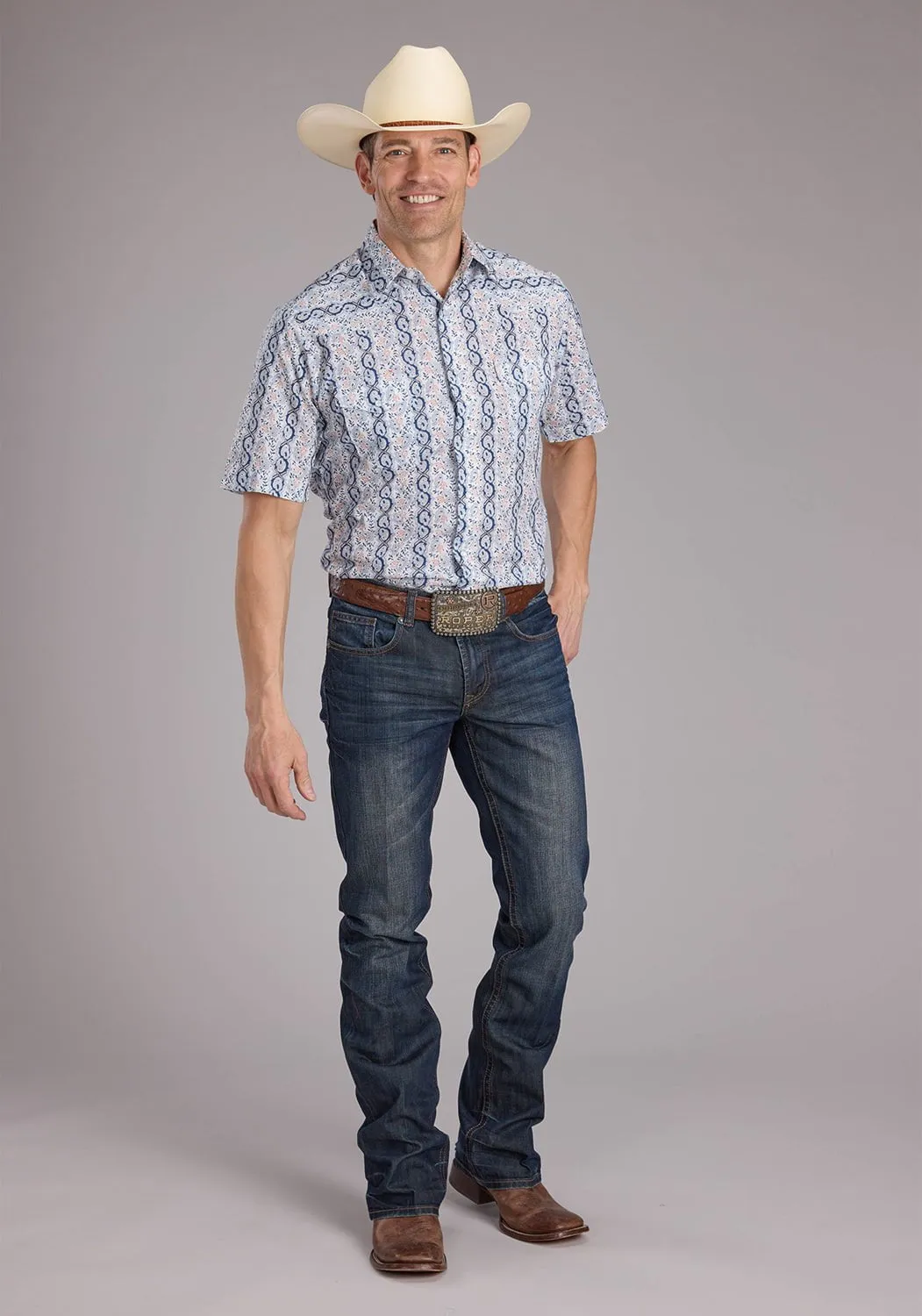 Sleepwear Roper Mens 2429 Paisley Trellis Blue Cotton Blend S/S Shirt