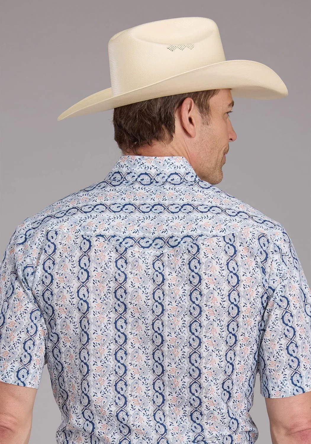 Roper Mens 2429 Paisley Trellis Blue Cotton Blend S/S Shirt Bold Hue