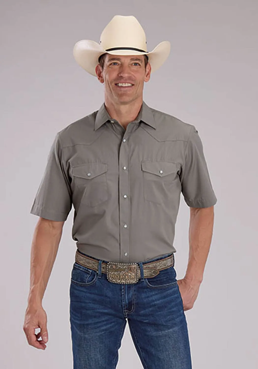 Simple Style Roper Mens 2475 Solid Broadcloth Light Smokey Grey Cotton Blend S/S Shirt