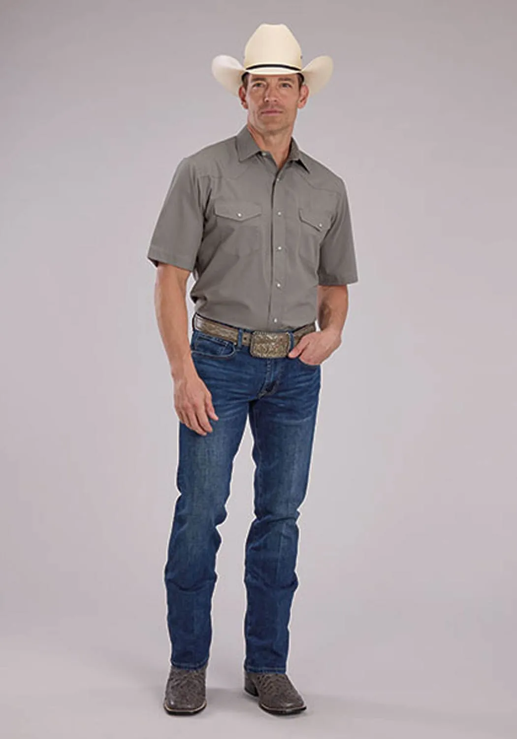 Roper Mens 2475 Solid Broadcloth Light Smokey Grey Cotton Blend S/S Shirt Glossy Texture