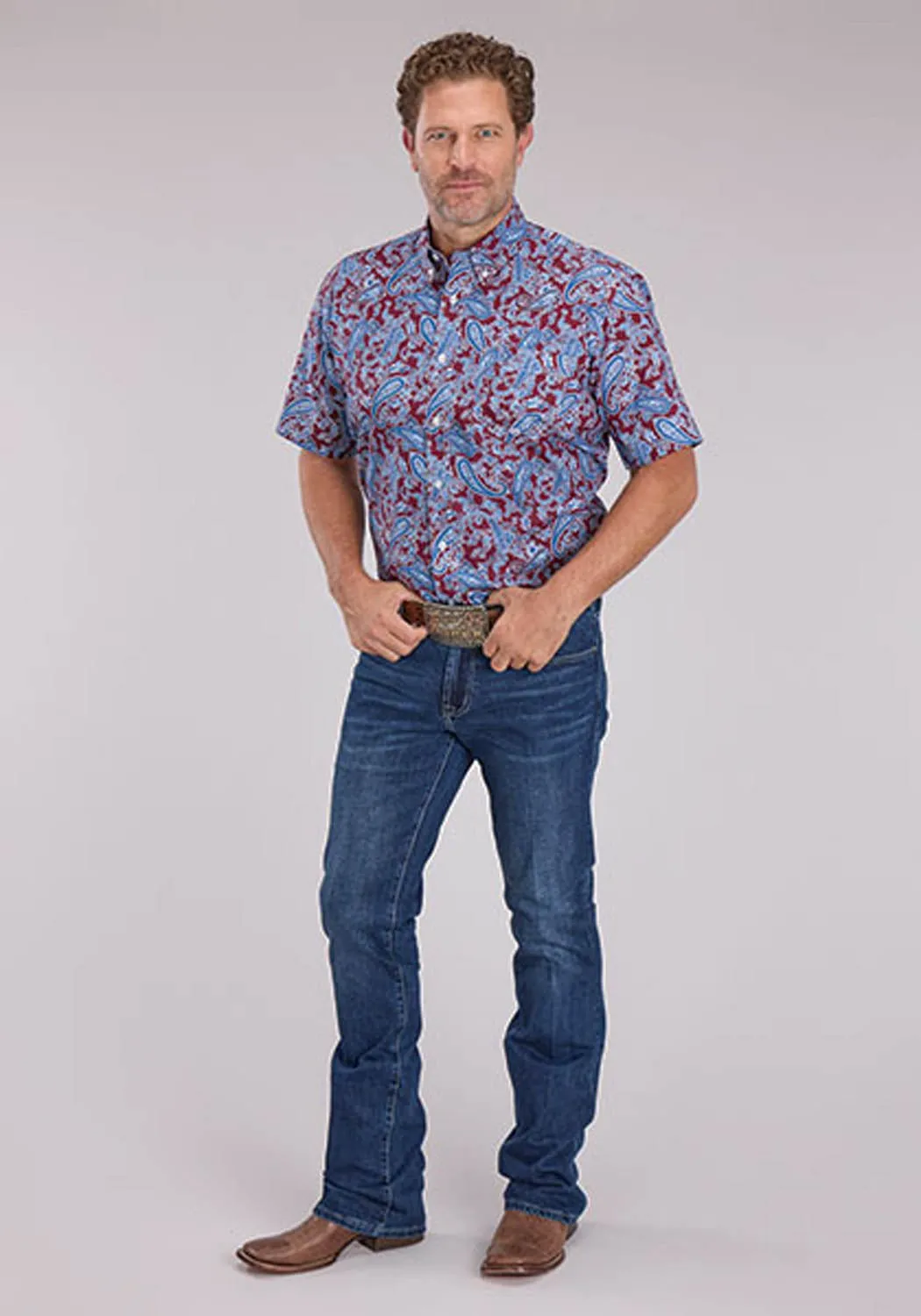 Comfy Design All-Weather Wear Roper Mens 2496 Heritage Paisley Wine/Blue 100% Cotton 1 Pkt S/S Shirt