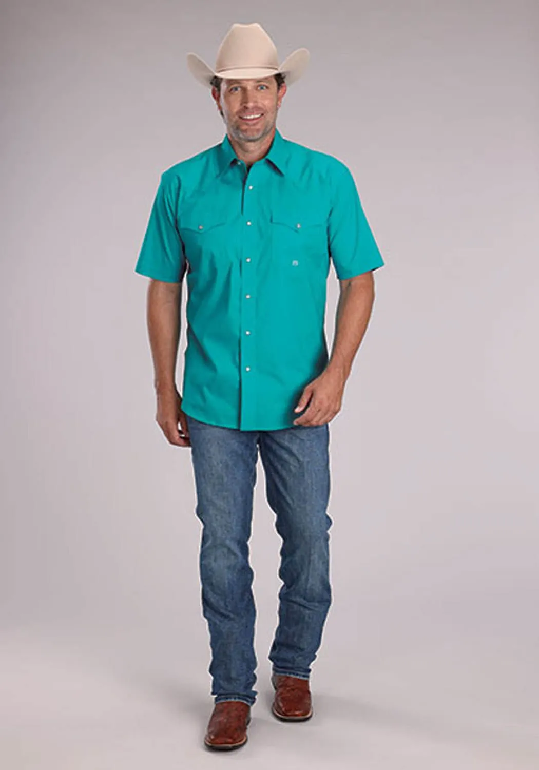 Roper Mens 2509 Solid Stretch Poplin Turquoise Cotton Blend S/S Shirt Retro Vibe Relaxed Comfort