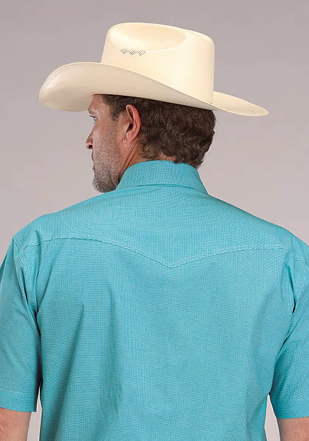 Roper Mens 2510 Stretch Mini Check Turquoise Cotton Blend S/S Shirt Non-Iron