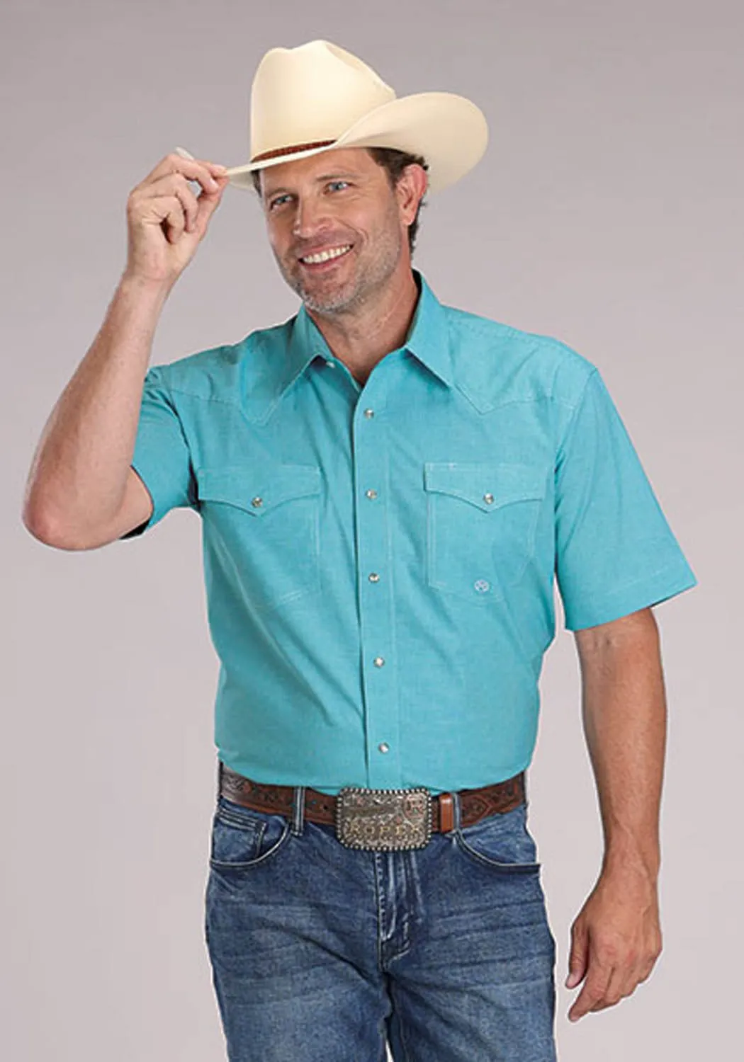 Recycled Polyester Blend Wrinkle Resistant Material Roper Mens 2510 Stretch Mini Check Turquoise Cotton Blend S/S Shirt