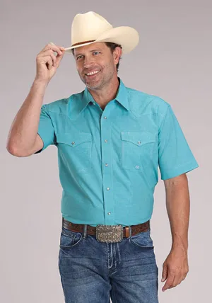 Roper Mens 2510 Stretch Mini Check Turquoise Cotton Blend S/S Shirt Go-To Look Recycled Polyester Blend Wrinkle Resistant Material Roper Mens 2510 Stretch Mini Check Turquoise Cotton Blend S/S Shirt