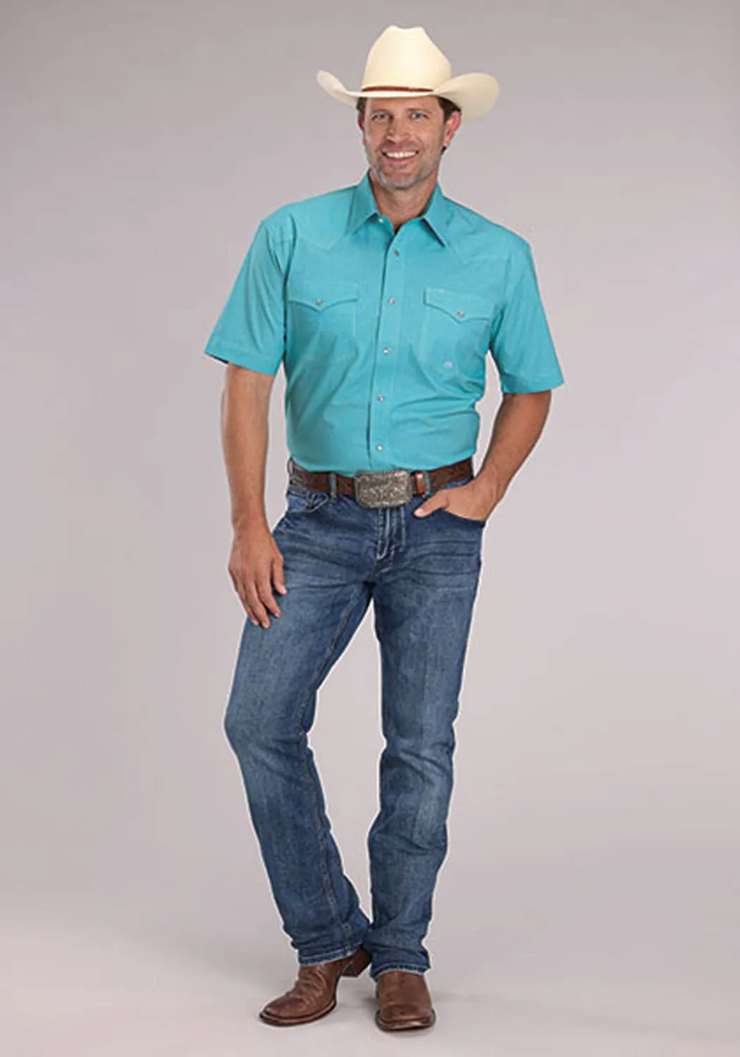 Roper Mens 2510 Stretch Mini Check Turquoise Cotton Blend S/S Shirt Sophisticated Style Tear Resistant Reinforcement