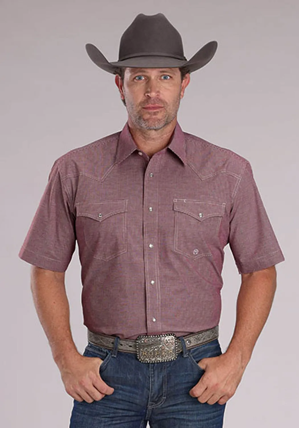 Subtle design Adjustable Cuffs Roper Mens 2510 Stretch Mini Check Wine Cotton Blend S/S Shirt