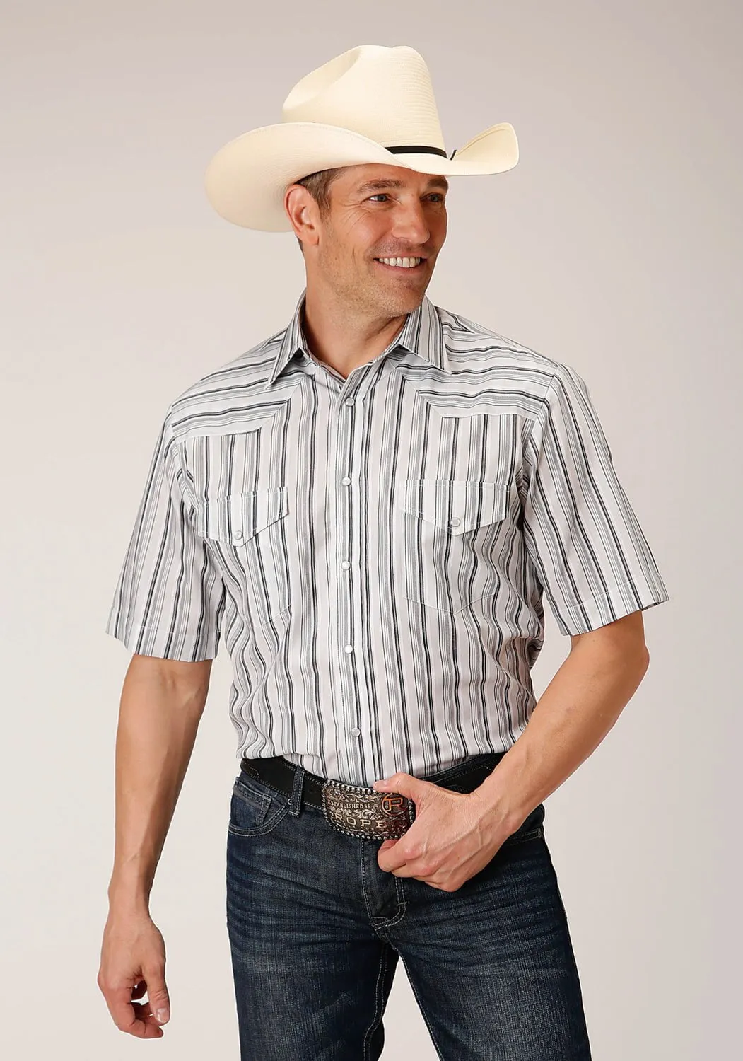 Roper Mens 80/20 Stripe Grey Cotton Blend S/S Shirt Modern Look Stylish Detail