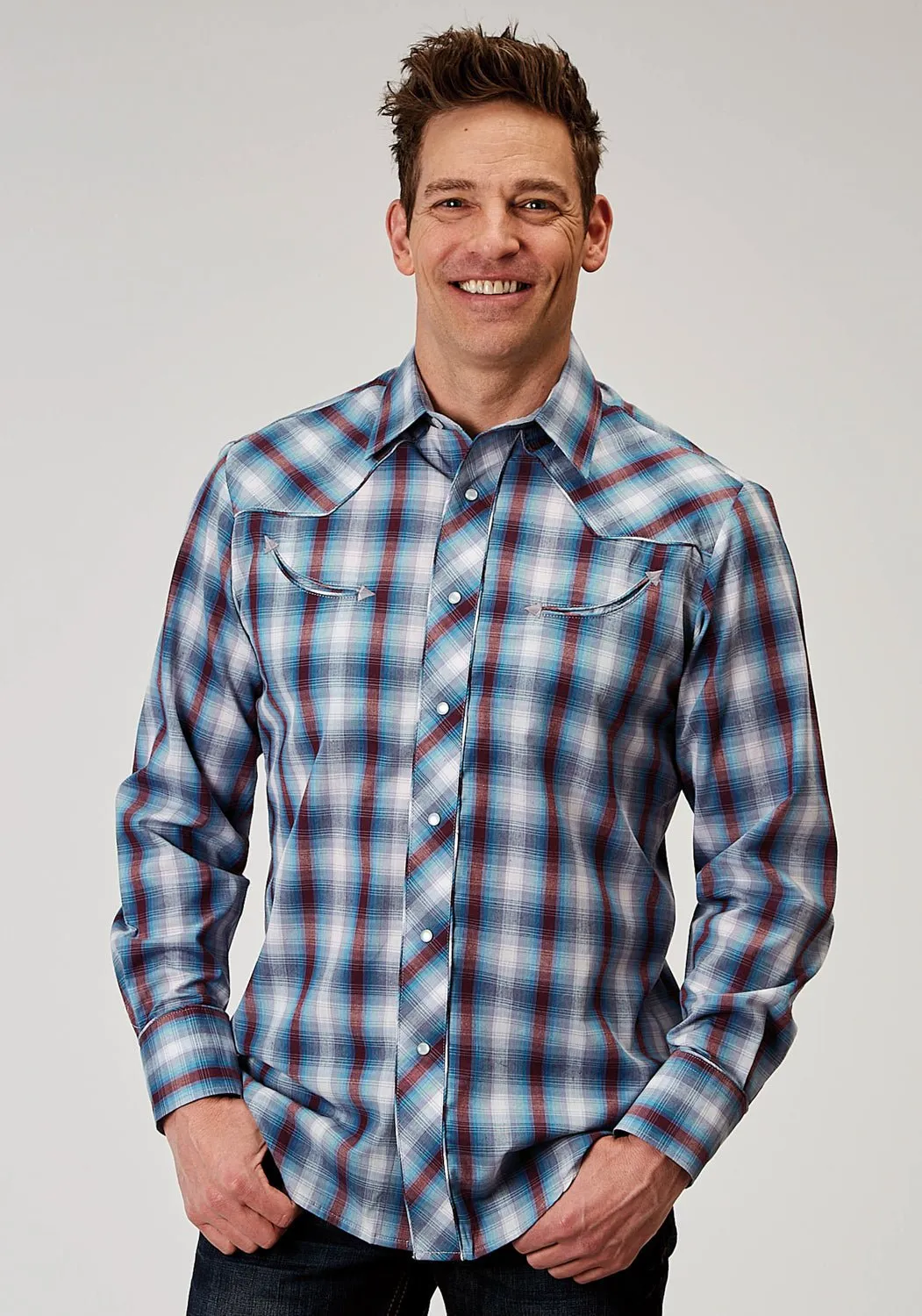 Effortless Comfort Micro Perforated Texture Roper Mens Americana Plaid Bull Grey Cotton Blend L/S Shirt